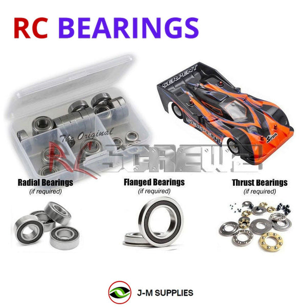 Representative image of an RCScrewZ rubber-sealed bearing kit for Serpent Viper 989e 1/8 On-Road EP Touring (#904005); exact bearing sizes and quantities vary by RC model.