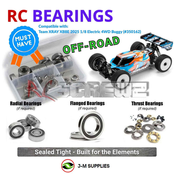 Representative image of an RCScrewZ rubber-sealed bearing kit for Team XRAY XB8E 2025 1/8th Electric 4WD Buggy (#350162); exact bearing sizes and quantities vary by RC model.