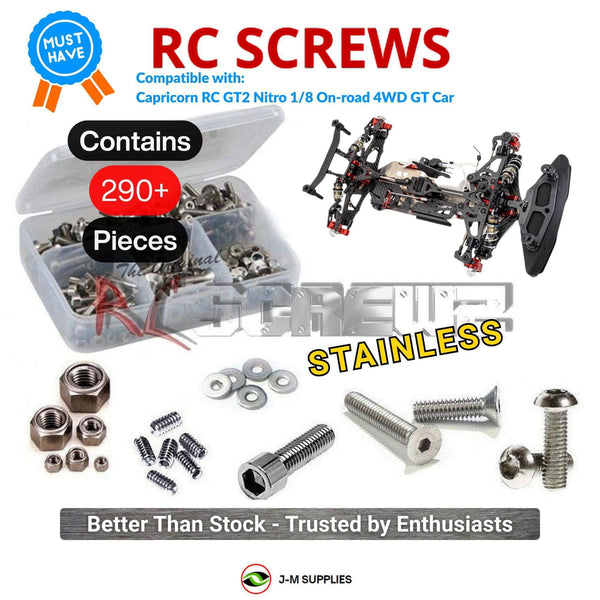 Representative image of an RCScrewZ stainless steel screw kit for Capricorn RC GT2 Nitro 1/8th On-road 4WD GT Car; exact kit contents vary by RC model.