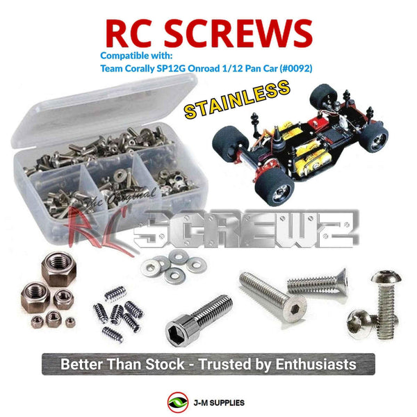 Representative image of an RCScrewZ stainless steel screw kit for Team Corally SP12G Onroad 1/12 Pan Car (#0092); exact kit contents vary by RC model.