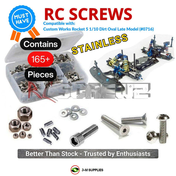 Representative image of an RCScrewZ stainless steel screw kit for Custom Works Rocket 5 1/10 Dirt Oval Late Model (#0716); exact kit contents vary by RC model.