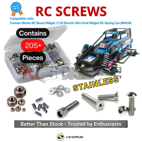 Representative image of an RCScrewZ stainless steel screw kit for Custom Works RC Beast Midget 1/10 Dirt Oval Kit (#0650); exact kit contents vary by RC model.