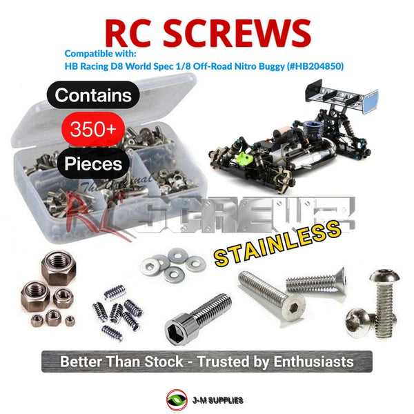 Representative image of an RCScrewZ stainless steel screw kit for HB Racing D8 World Spec 1/8 Off-Road Nitro Buggy (#HB204850); exact kit contents vary by RC model.