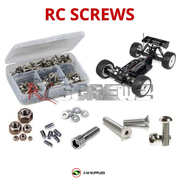 Representative image of an RCScrewZ stainless steel screw kit for HB Racing E8T Evo3 1/8th #HB204576; exact kit contents vary by RC model.