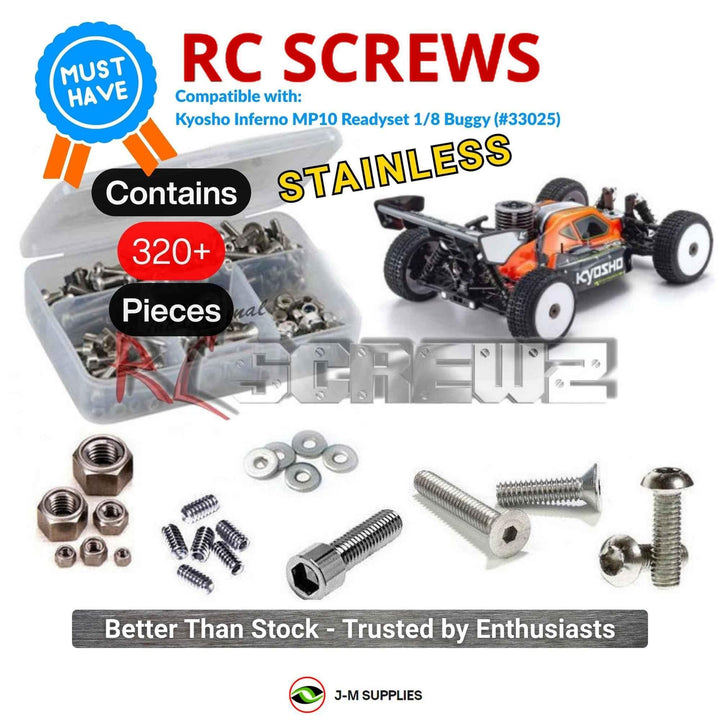 Representative image of an RCScrewZ stainless steel screw kit for Kyosho Inferno MP10 Readyset 1/8 Nitro Buggy (#33025); exact kit contents vary by RC model.