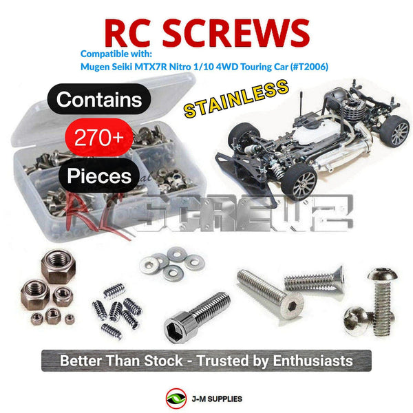 Representative image of an RCScrewZ stainless steel screw kit for Mugen Seiki MTX7R 1/10 Nitro 4WD Touring Car (T2006); exact kit contents vary by RC model.