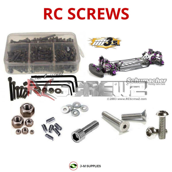 Representative image of an RCScrewZ stainless steel screw kit for Schumacher MI3.5 1/10th #K080/K082; exact kit contents vary by RC model.