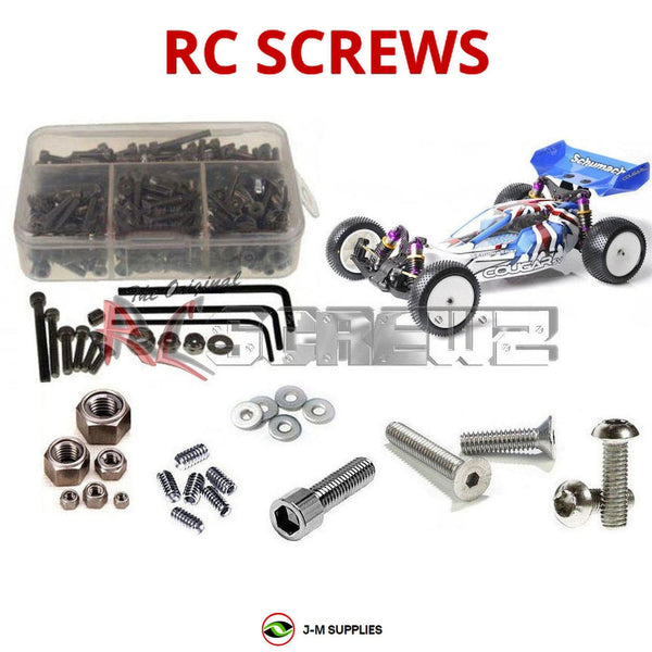 Representative image of an RCScrewZ stainless steel screw kit for Schumacher Cougar SV/Pro #K111/K112; exact kit contents vary by RC model.