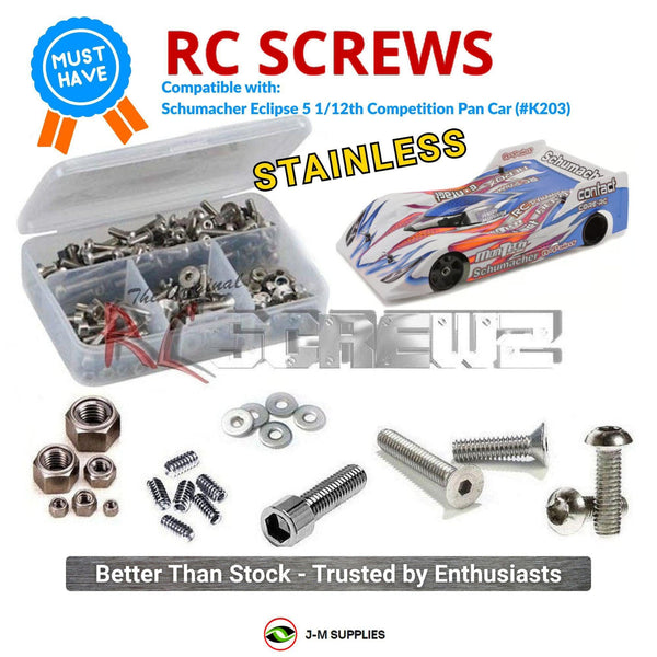 Representative image of an RCScrewZ stainless steel screw kit for Schumacher Eclipse 5 1/12 LMP12 On-Road Car Circuit (#K203); exact kit contents vary by RC model.