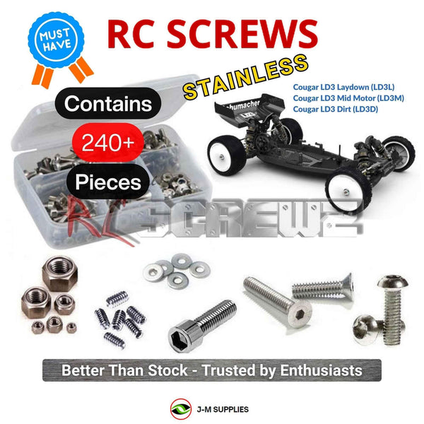 Representative image of an RCScrewZ stainless steel screw kit for Schumacher Cougar LD3 1/10th Buggy (#K208/209/210); exact kit contents vary by RC model.