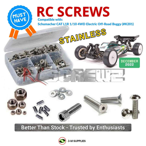 Representative image of an RCScrewZ stainless steel screw kit for Schumacher CAT L1R 1/10 4WD Electric Off-Road Buggy (#K201); exact kit contents vary by RC model.