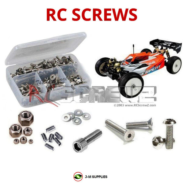 Representative image of an RCScrewZ stainless steel screw kit for Serpent SRX8e RTR 1/8th Buggy #600022; exact kit contents vary by RC model.