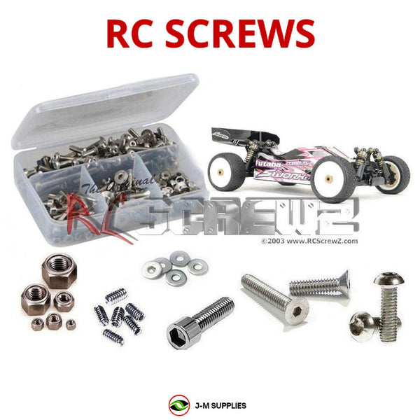 Representative image of an RCScrewZ stainless steel screw kit for SWorkZ S104 EVO 4wd; exact kit contents vary by RC model.