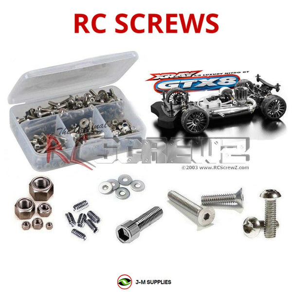Representative image of an RCScrewZ stainless steel screw kit for Team XRAY GTX8 1/8th #350500; exact kit contents vary by RC model.