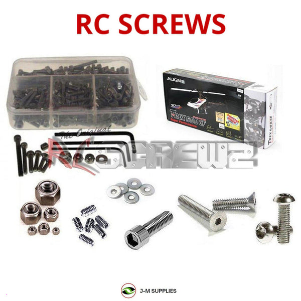 Representative image of an RCScrewZ stainless steel screw kit for Align T-REX 600/CF 600-Class Electric Helicopter; exact kit contents vary by RC model.