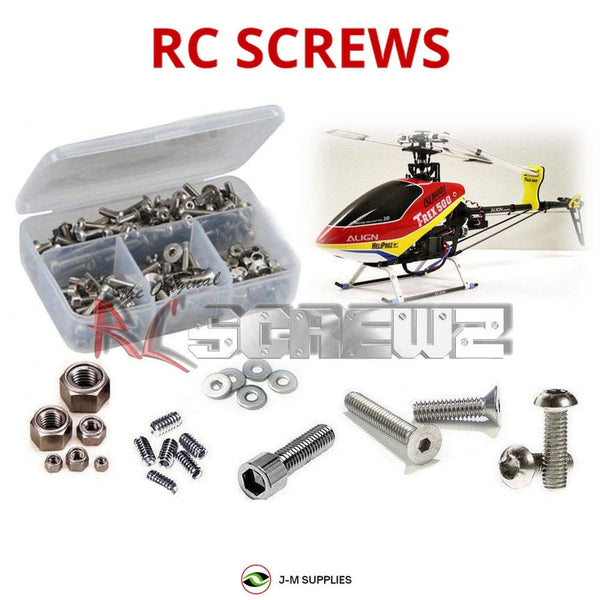 Representative image of an RCScrewZ stainless steel screw kit for Align T-REX 500X 500-Class Electric Helicopter (RH50E18XT); exact kit contents vary by RC model.