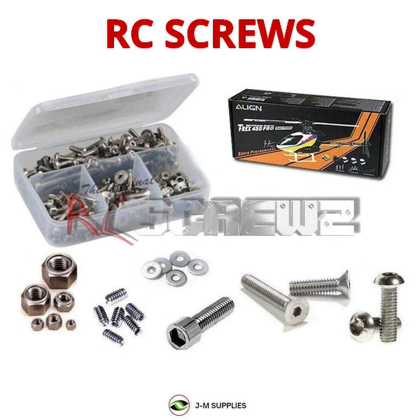 Representative image of an RCScrewZ stainless steel screw kit for Align T-REX 450 Pro 450-Class Electric Helicopter (KX015074); exact kit contents vary by RC model.