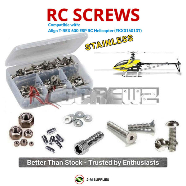 Representative image of an RCScrewZ stainless steel screw kit for Align T-REX 600 ESP (KX016013T); exact kit contents vary by RC model.