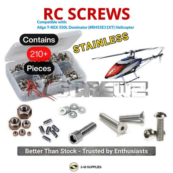 Representative image of an RCScrewZ stainless steel screw kit for Align T-REX 550L Dominator (RH55E11XT); exact kit contents vary by RC model.