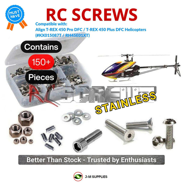Representative image of an RCScrewZ stainless steel screw kit for Align T-REX 450 Pro DFC / 450 Plus DFC (KX015087T/RH45E01XT); exact kit contents vary by RC model.
