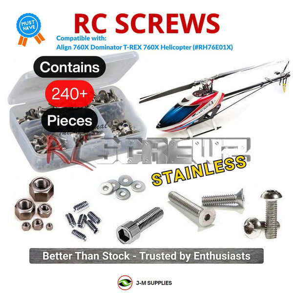 Representative image of an RCScrewZ stainless steel screw kit for Align T-REX 760X Dominator (RH76E01X); exact kit contents vary by RC model.
