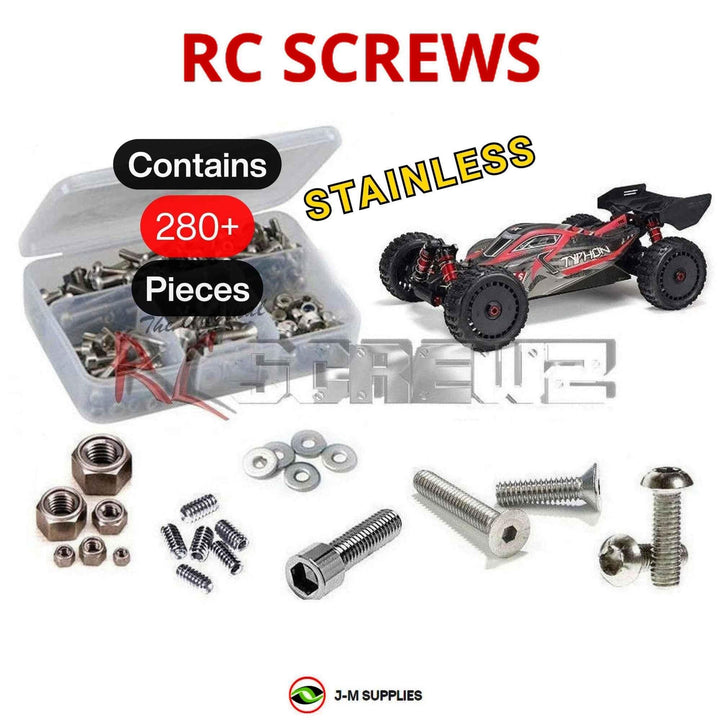 Representative image of an RCScrewZ stainless steel screw kit for ARRMA TYPHON 6S BLX V5 1/8 Electric 4WD Buggy (ARA8606V5); exact kit contents vary by RC model.
