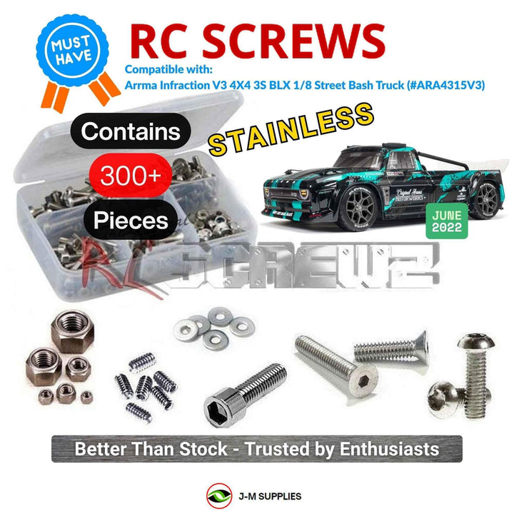 Representative image of an RCScrewZ stainless steel screw kit for ARRMA INFRACTION 3S BLX V3 1/8 4WD Street (ARA4315V3); exact kit contents vary by RC model.