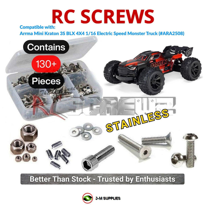 Representative image of an RCScrewZ stainless steel screw kit for ARRMA Mini KRATON 3S BLX 1/16 4WD Speed Truck (ARA2508); exact kit contents vary by RC model.