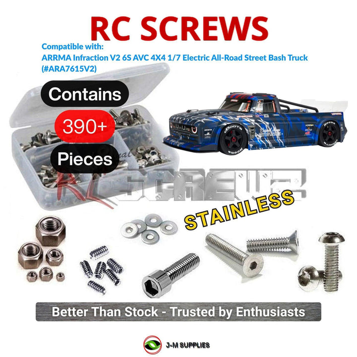 Representative image of an RCScrewZ stainless steel screw kit for ARRMA Infraction 6S BLX V2 1/7 4WD Street Bash Truck (ARA7615V2); exact kit contents vary by RC model.