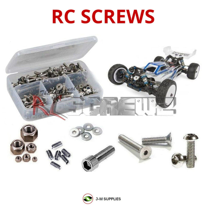 Representative image of an RCScrewZ stainless steel screw kit for Team Associated RC10B74.1 1/10 4WD Buggy (90027); exact kit contents vary by RC model.