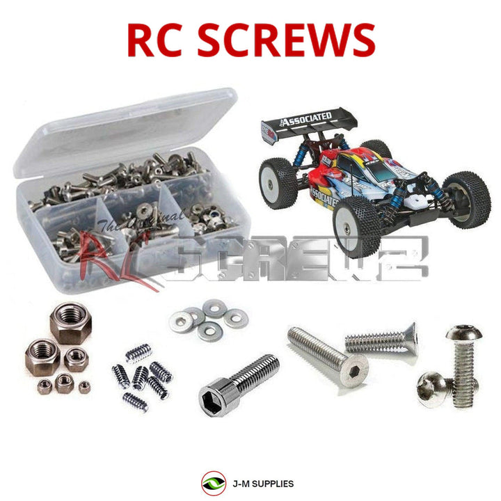 Representative image of an RCScrewZ stainless steel screw kit for Team Associated RC8.2e RTR 1/8 Electric 4WD Buggy (80908); exact kit contents vary by RC model.