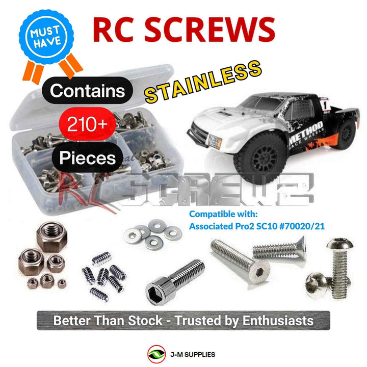 Representative image of an RCScrewZ stainless steel screw kit for Team Associated Pro2 SC10 RTR 1/10 2WD SCT (70020, 70021); exact kit contents vary by RC model.