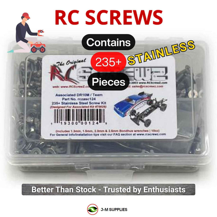 Representative image of an RCScrewZ stainless steel screw kit for Team Associated DR10M 1/10 2WD Mid-Motor No-Prep Drag Car (70029); exact kit contents vary by RC model.