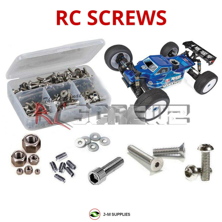 Representative image of an RCScrewZ stainless steel screw kit for Team Associated RC8T4 1/8 4WD Truggy (80947); exact kit contents vary by RC model.
