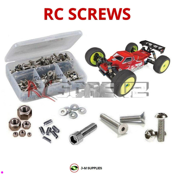 Representative image of an RCScrewZ stainless steel screw kit for Team Associated RC8T4e 1/8 4WD Truggy (80948); exact kit contents vary by RC model.