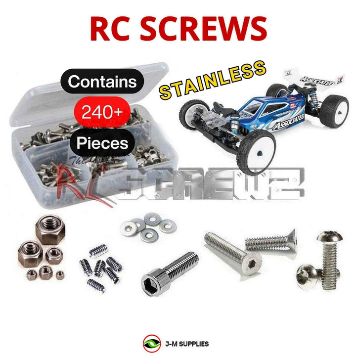 Representative image of an RCScrewZ stainless steel screw kit for Team Associated RC10B7 Team 1/10 2WD Buggy (90041); exact kit contents vary by RC model.