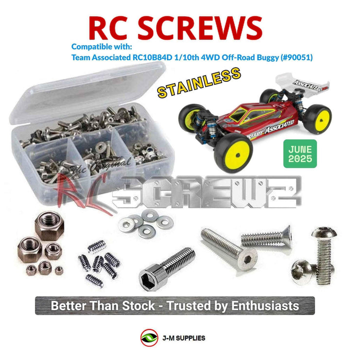 Representative image of an RCScrewZ stainless steel screw kit for Team Associated RC10B84D 1/10 4WD Buggy (90051, ASC90051); exact kit contents vary by RC model.