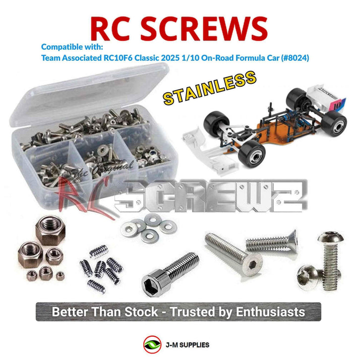 Representative image of an RCScrewZ stainless steel screw kit for Team Associated RC10F6 Classic 1/10 2WD Formula (8024, ASC8024); exact kit contents vary by RC model.