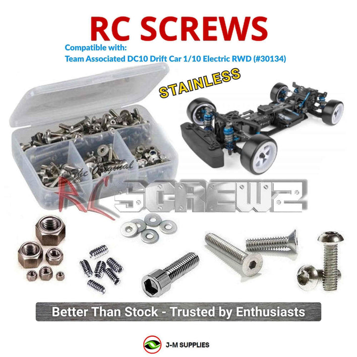 Representative image of an RCScrewZ stainless steel screw kit for Team Associated DC10 Drift 1/10 Electric RWD Car (30134, 30133); exact kit contents vary by RC model.
