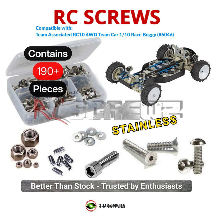 Representative image of an RCScrewZ stainless steel screw kit for Team Associated RC10 4WD 1/10 Electric Buggy (6046, ASC6046); exact kit contents vary by RC model.