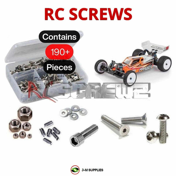 Representative image of an RCScrewZ stainless steel screw kit for Team Associated RC10B6 1/10 2WD Buggy (90011); exact kit contents vary by RC model.
