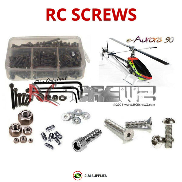 Representative image of an RCScrewZ stainless steel screw kit for Avant e-Aurora 90 Electric 90-Class RC Helicopter; exact kit contents vary by RC model.