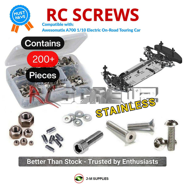 Representative image of an RCScrewZ stainless steel screw kit for Awesomatix A700 1/10 Electric Touring Car; exact kit contents vary by RC model.