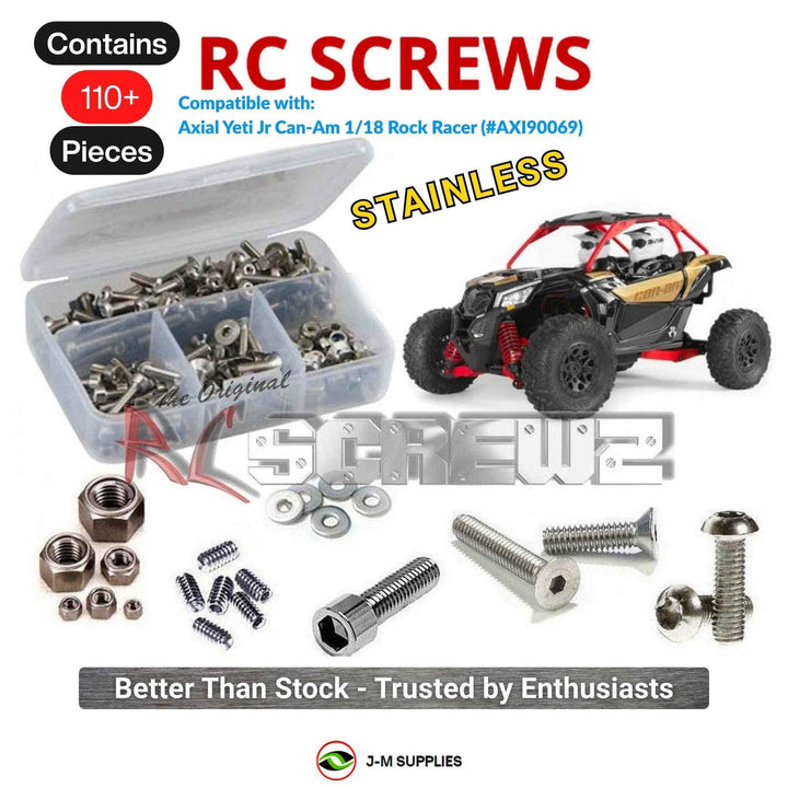 Representative image of an RCScrewZ stainless steel screw kit for Axial Yeti Jr Can-Am X3 1/18 Electric 4WD UTV (90069); exact kit contents vary by RC model.