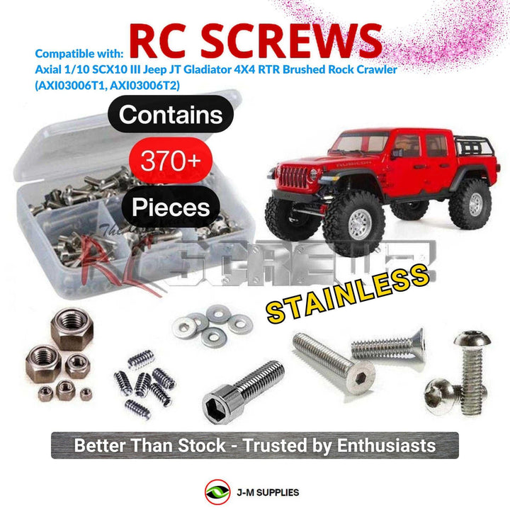 Representative image of an RCScrewZ stainless steel screw kit for Axial SCX10 III Jeep JT Gladiator 1/10 4WD (AXI03006); exact kit contents vary by RC model.