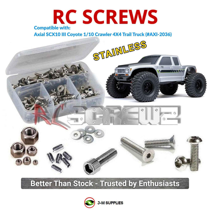 Representative image of an RCScrewZ stainless steel screw kit for Axial SCX10 III Coyote 1/10 Electric 4X4 Crawler (AXI-2036); exact kit contents vary by RC model.