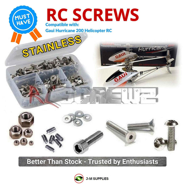 Representative image of an RCScrewZ stainless steel screw kit for Gaui Hurricane 200 Helicopter RC; exact kit contents vary by RC model.