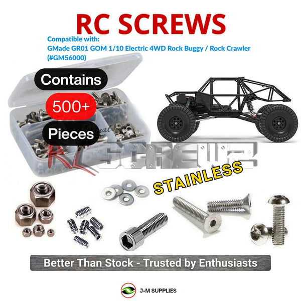Representative image of an RCScrewZ stainless steel screw kit for GMade GR01 GOM 1/10 Electric 4WD Rock Crawler (#GM56000); exact kit contents vary by RC model.