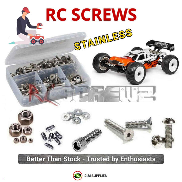 Representative image of an RCScrewZ stainless steel screw kit for Hot Bodies D8-T 1/8 Truggy; exact kit contents vary by RC model.