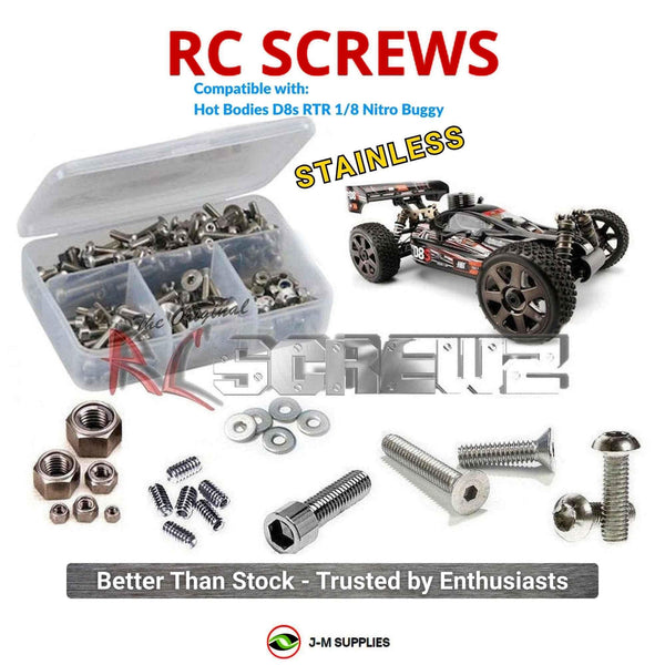 Representative image of an RCScrewZ stainless steel screw kit for Hot Bodies D8s RTR 1/8 Nitro Buggy; exact kit contents vary by RC model.
